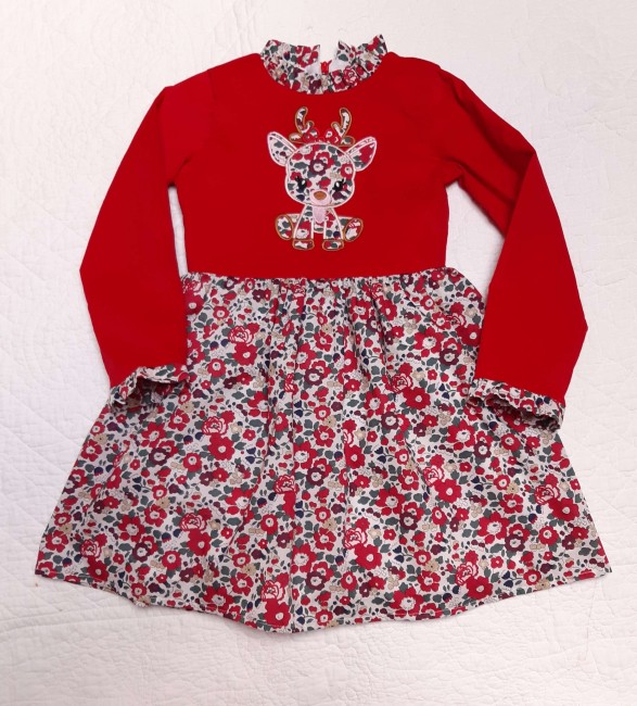 robe velours rouge volants col et poignets appliqué broderie baby renne Betsy christmas