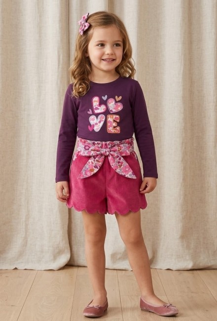 short jupe culotte velours framboise Liberty Betsy cassis avec tee-shirt aubergine