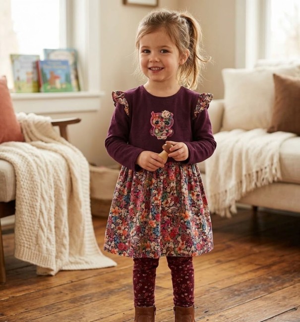 vue sur petite fille robe sweat molleton lie de vin paillettes broderie chouette Liberty curious land framboise|4pommes