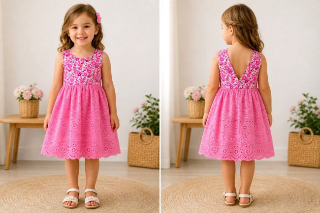  vue portée robe devant et dos V Liberty Betsy cassis jupe broderie anglaise rose vif| 4pommes