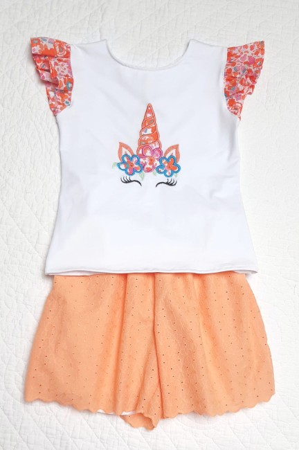 ensemble jupe short broderie anglaise abricot et tee-shirt licorne Liberty Betsy clementine|4pommes