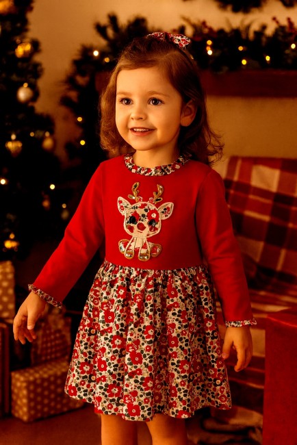 vue sur petite fille robe sweat molleton rouge broderie petit renne Liberty Betsy christmas|4pommes