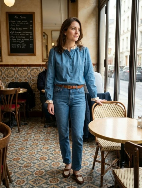Chemise bleu denim et volant écru