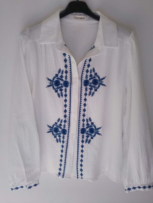 Chemise gaze de coton brodée bleu