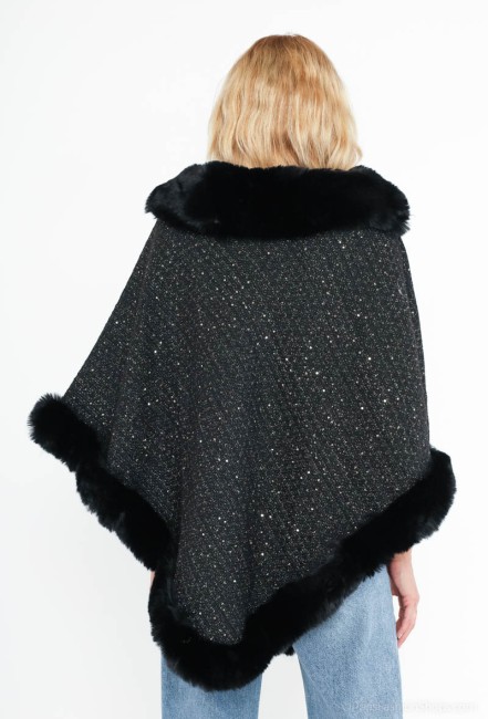 Poncho noir fausse fourrure