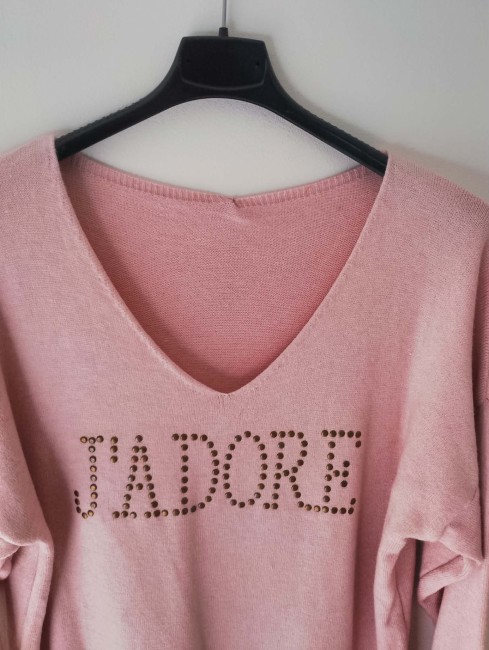 Pull rose poudré "J'adore" - Femme ronde