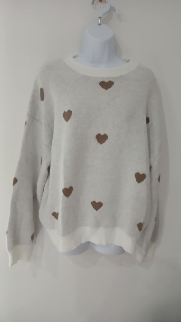 Pull beige Jacquard Cœur marron