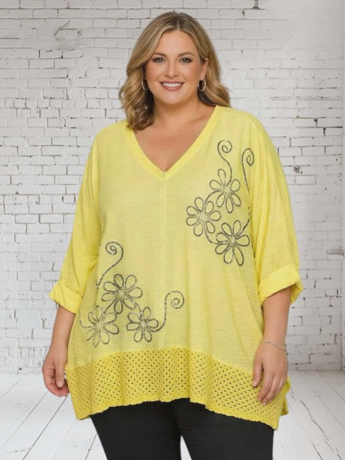 Tunique fluide brodée fleurs dorées