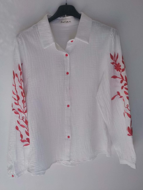 Chemise gaze de coton brodée rose