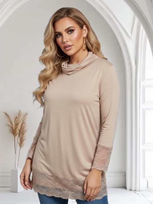 T-shirt rouleaux dentelle col roulé