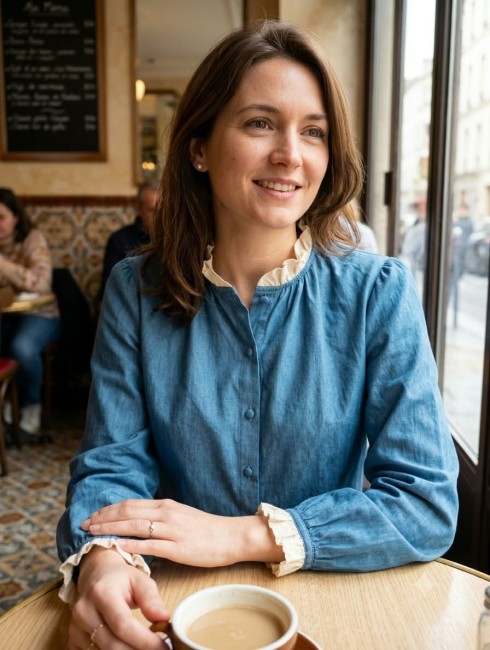 Chemise bleu denim et volant écru