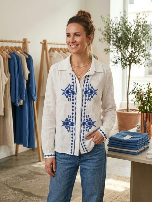 Chemise gaze de coton brodée bleu