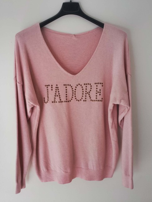 Pull rose poudré "J'adore" - Femme ronde