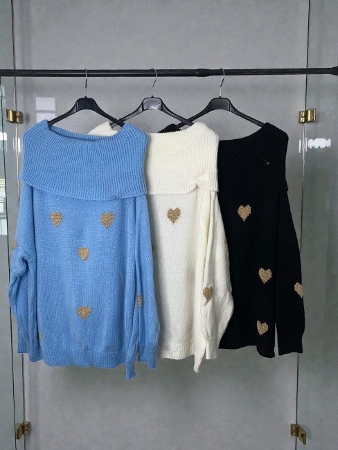 Pull col fantaisie details cœurs dorés