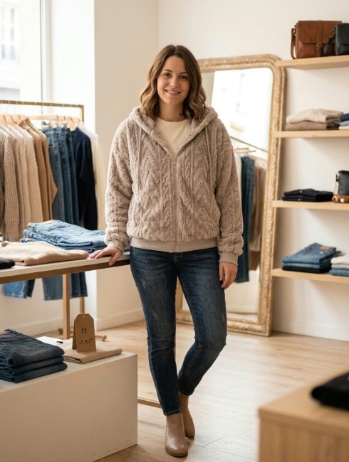 Veste teddy torsadé à capuche - Femme 