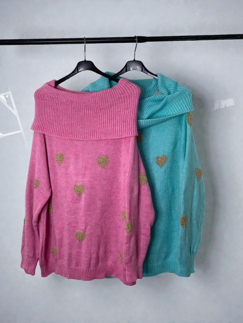 Pull col fantaisie details cœurs dorés