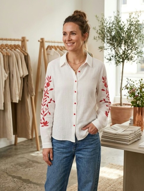 Chemise gaze de coton brodée rose