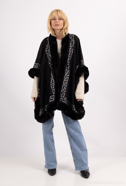 Poncho cape fausse fourrure imprimé avec strass