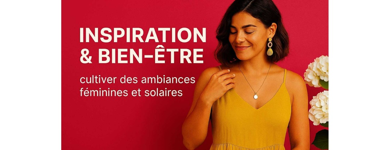 Femme souriante portant des bijoux dorés, sur fond rose fuchsia avec fleurs blanches, représentant la thématique Inspiration & Bien-être.