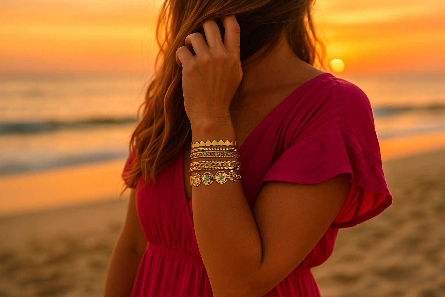 Femme en robe fuchsia au coucher du soleil portant plusieurs bracelets dorés – bijoux solaires et bohèmes Caprissa Créations