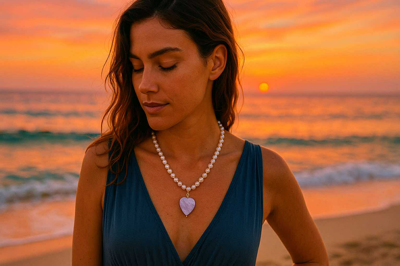 Femme en robe bleue au coucher du soleil portant un collier nacré avec pendentif cœur – bijou élégant et lumineux Caprissa Créations