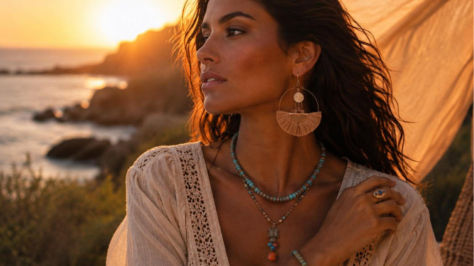 Collection Horizon Lointain, des bijoux bohème chic aux inspirations voyage, mêlant pierres naturelles, turquoise, perles colorées et détails dorés dans un univers chaleureux et solaire