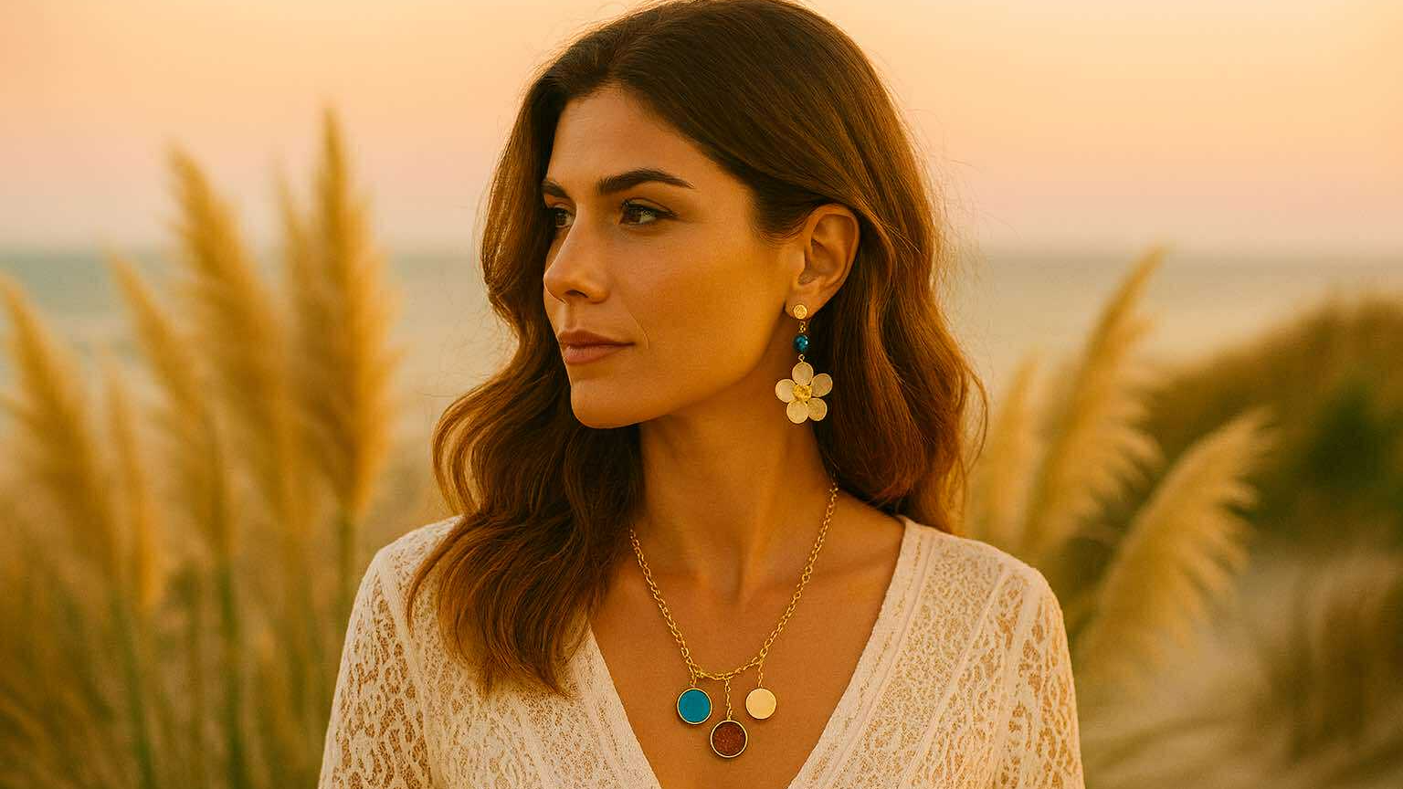 femme dans un champ de pampa au coucher du soleil portant des bijoux dorés et colorés Caprissa Créations, style bohème chic et raffiné