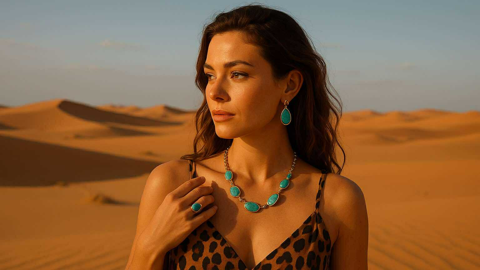 femme dans le désert au coucher du soleil portant des bijoux turquoise Caprissa Créations, style bohème chic et voyage inspiré des terres lointaines
