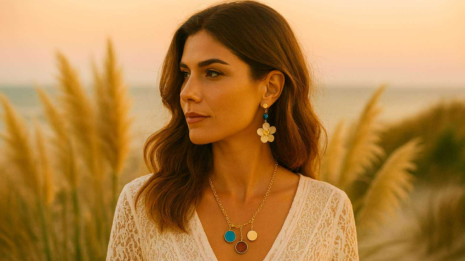 femme dans un champ de pampa au coucher du soleil portant des bijoux dorés et colorés Caprissa Créations, style bohème chic et raffiné