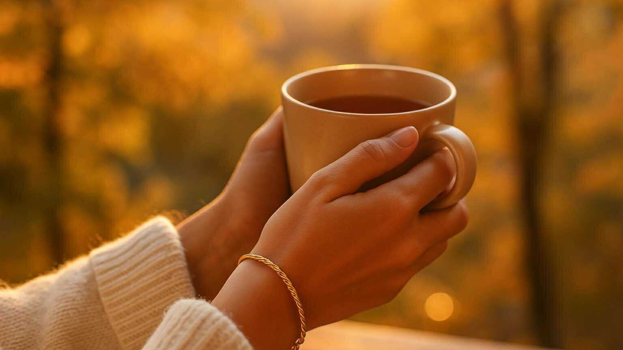 Femme en pull crème tenant une tasse de tisane au coucher du soleil, portant un bracelet doré. Scène automnale cocooning et lumineuse, symbolisant la chaleur et la douceur de l’automne.