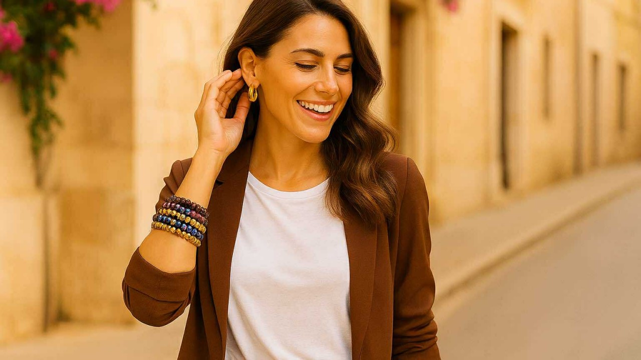 Femme souriante en tenue marron chocolat portant plusieurs bracelets Aurora colorés Caprissa Créations dans une rue ensoleillée