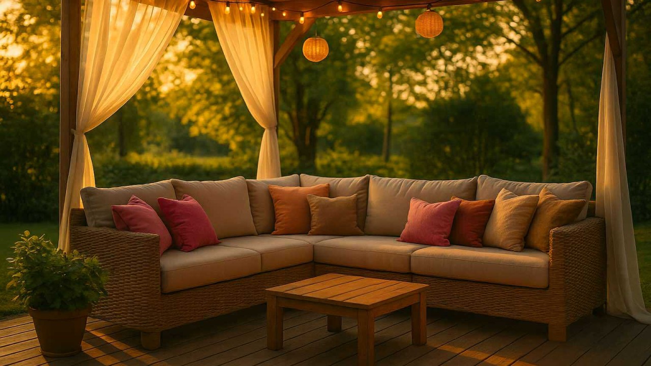 Coin cocooning sous pergola avec canapé d’angle, coussins beige, marron et fuchsia, voilages et guirlandes lumineuses au coucher du soleil