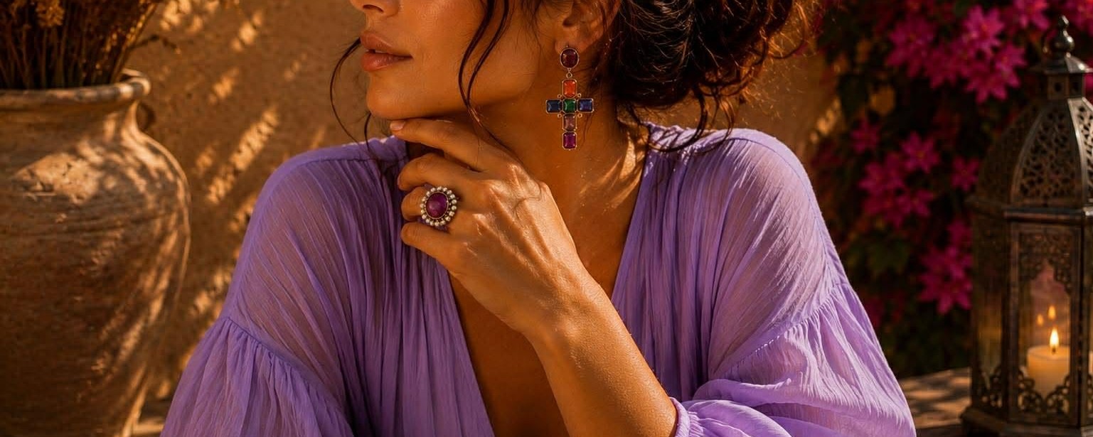 Femme bohème chic portant un assortiment de bijoux colorés Caprissa avec collier, boucles d’oreilles et bracelet en acier inoxydable, tons rose fuchsia, jaune et marron.