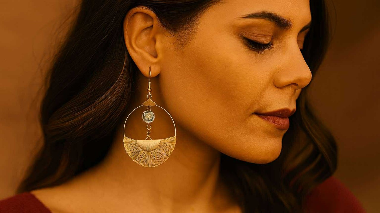 Boucles d’oreilles créoles dorées avec pampilles terracotta, bijou bohème chic Caprissa Créations