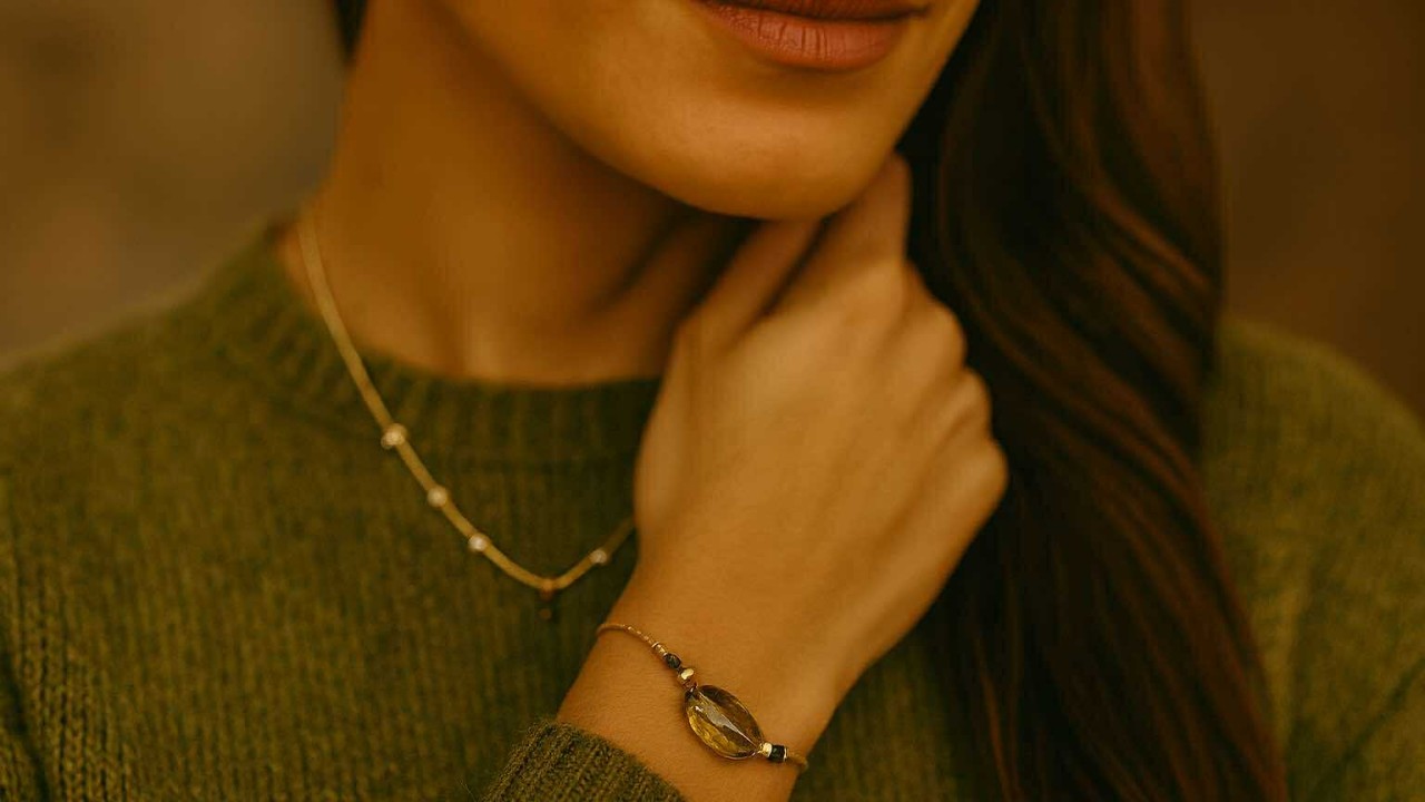 Bracelet doré Caprissa Créations avec perle ovale vert olive facettée, porté au poignet, lumière naturelle et ambiance automnale.