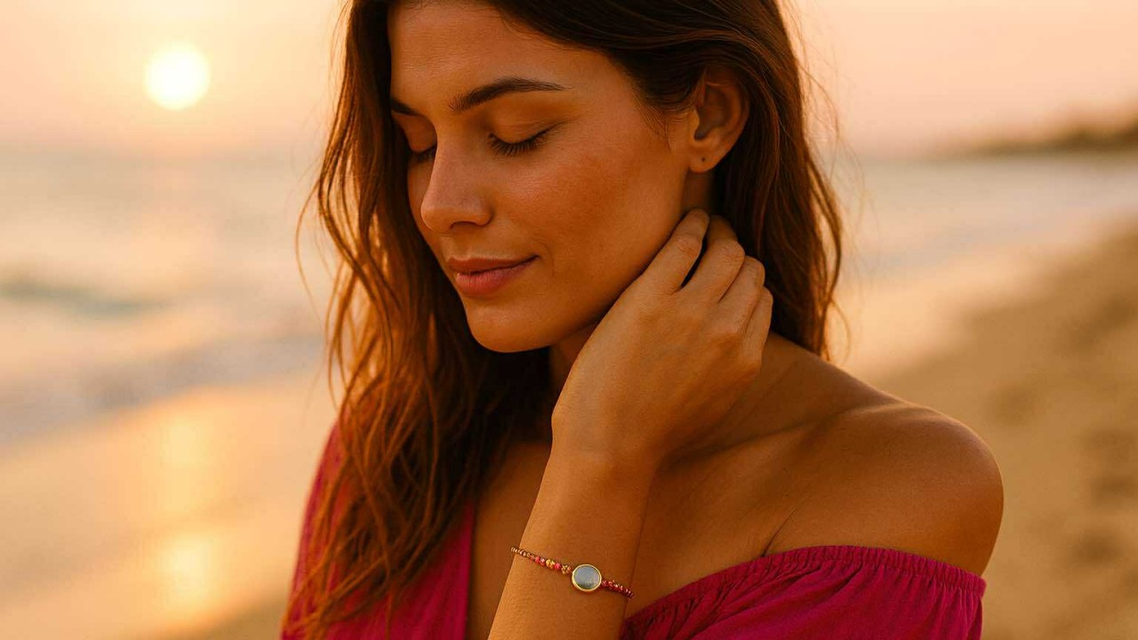 emme en robe bohème fuchsia dansant au coucher de soleil sur la plage, cheveux au vent et bijoux lumineux