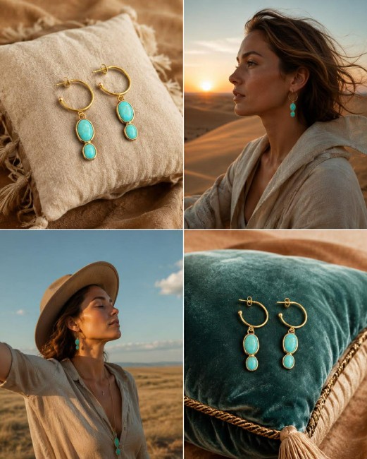 Boucles d'oreille fantaisie composé d'une créole et d'un pendentif ornée de perles de bohème howlite bleu turquoise pour un effet chic et bohème