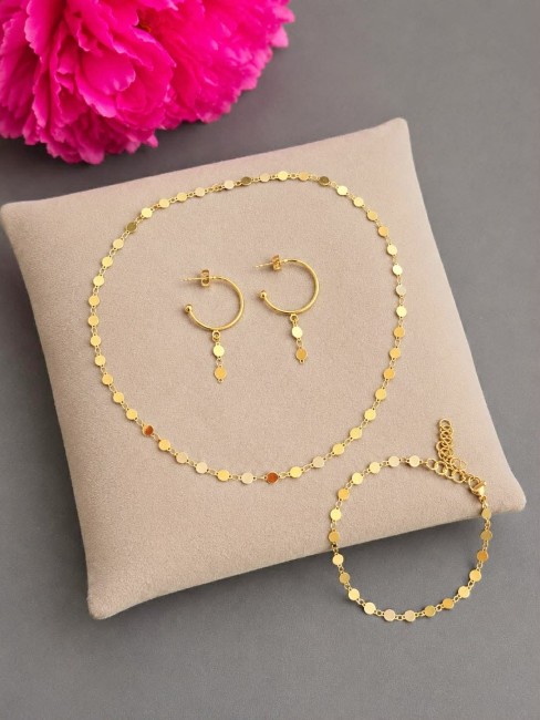Parure OXANA composé de boucles d'oreilles, d'un collier et d'un bracelet de pampilles en acier inoxydable doré pour un look bohème chic