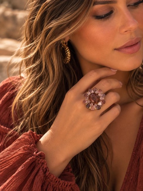 SOFIA - Bague fleur bohème en strass marron et acier inoxydable doré Superbe bague énigmatique au vue de sa taille XXL composée de perles facettées de strass marron pour un look chic féminin et raffiné