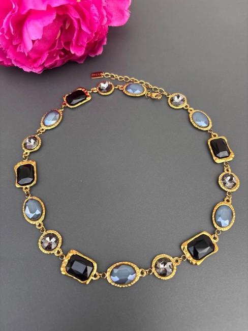 RANIA - Collier strass noir et acier inoxydable doré