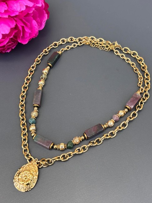 TALISMAN - Collier en perles naturelles de jaspe marron et vert et acier inoxydable doré Collier double rang composé de perle en jaspe marron et vert mariées à des perles et des gros maillons en acier inoxydable pour un style oriental chic