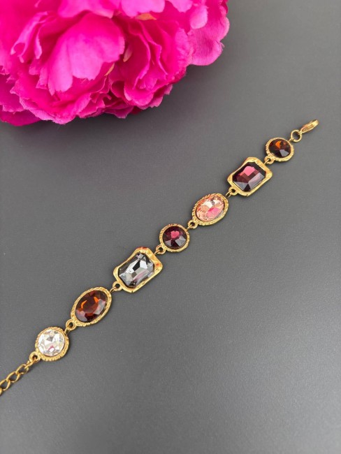 RANIA - Bracelet strass marron et acier inoxydable doré