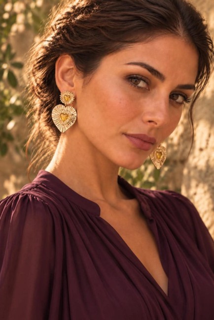 Boucles d'oreilles chic au style italien formées par un coeur en acier inoxydable martelé réhaussé d'une perle naturelle beige miel ambré au centre du bijou