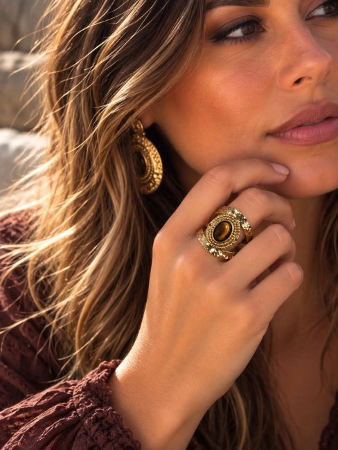 ZORA - Bague bohème en pierre naturelle en oeil de tigre Bague fantaisie bohème chic et solaire composée de perles naturelles en oeil de tigre marron et serti d'acier inoxydable doré pour une qualité incroyable