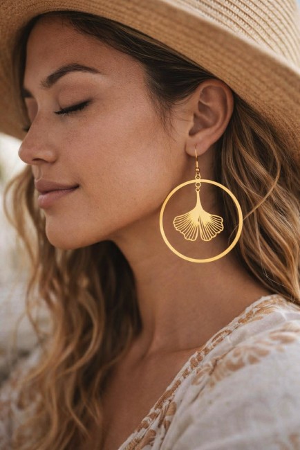 Boucles d'oreille fantaisie en acier inoxydable doré composé dune créole et d'une feuille gingko pour un look solaire et lumineux bohème chic pour femmes heureuse et brillantes 