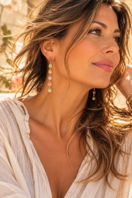 Boucles d'oreille fantaisie composées de strass en cascades multi-couleurs pour un style raffiné, féminin et bohème chic oriental