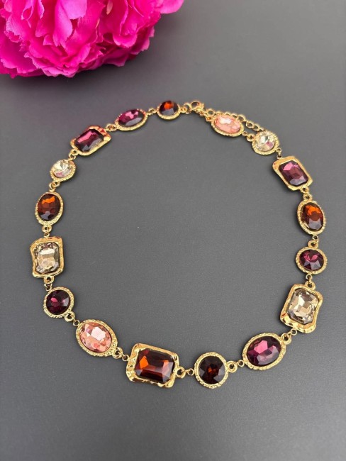 RANIA - Collier strass marron et acier inoxydable doré