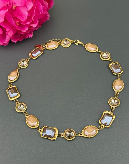 RANIA - Collier strass beige et acier inoxydable doré