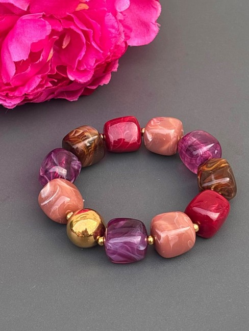 BYZANCE - Bracelet perle de verre violet et perle en acier inoxydable doré