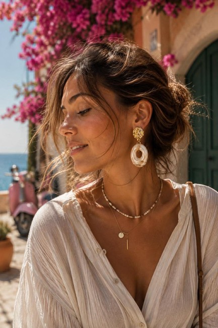 Boucle d'oreille fantaisie très bohème chic composé d'un apprêt martelé en acier inoxydable doré et d'un ovale en céramique grecque aux reflets beige